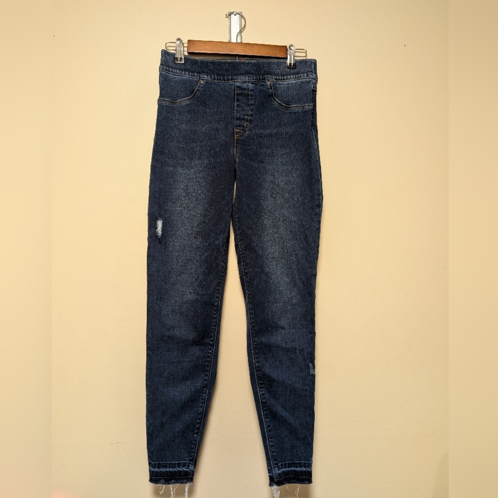 SPANX Pull On Skinny Jeans medium Wash Raw Hem Denim Size M